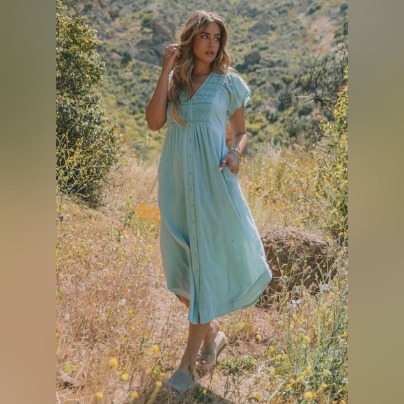 Cotton slub button down aqua blue boho midi dress - Picture 1 of 8